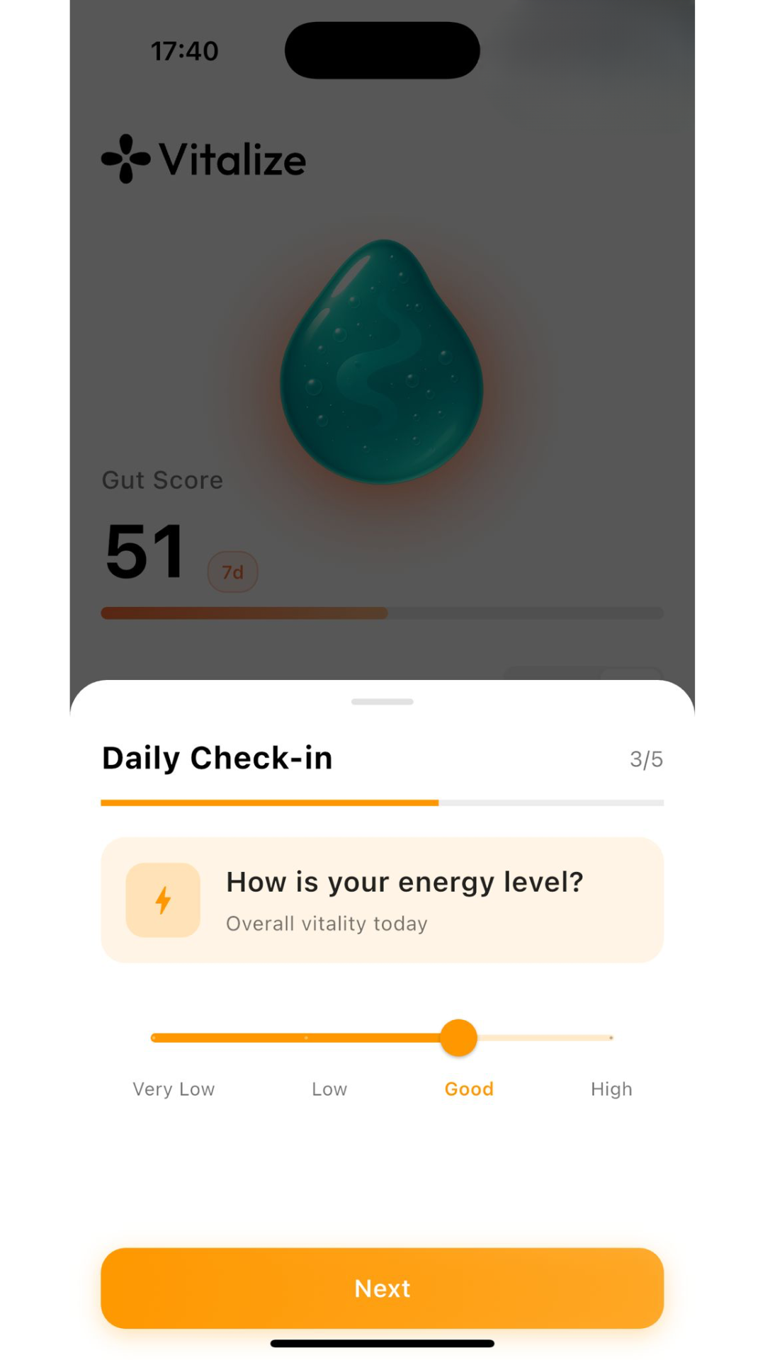 Vitalize App Daily Check-in Screen